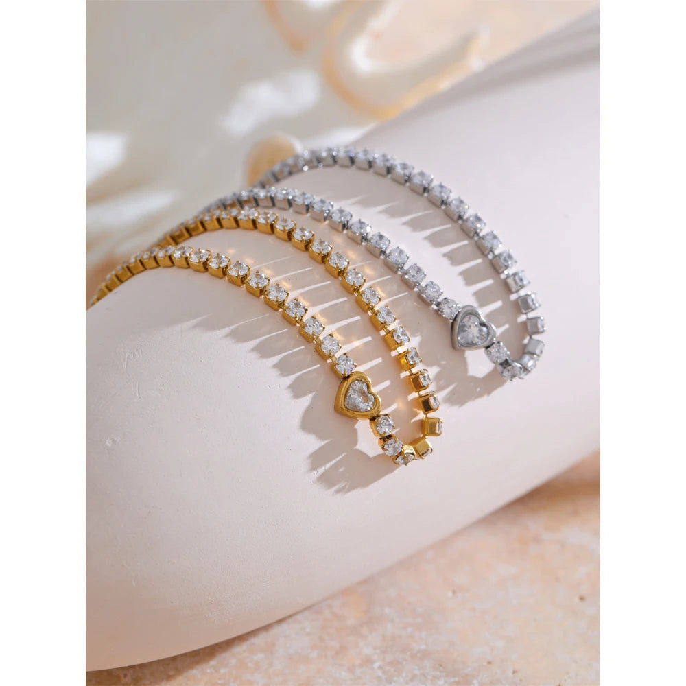 Yhpup delicado bling zircônia cúbica coração corrente pulseira requintado aço inoxidável brilhante à prova dwaterproof água pulso jóias presente