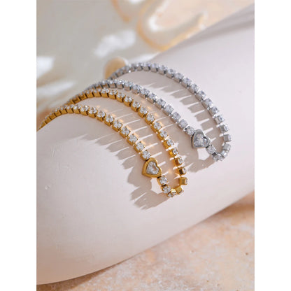 Yhpup delicado bling zircônia cúbica coração corrente pulseira requintado aço inoxidável brilhante à prova dwaterproof água pulso jóias presente