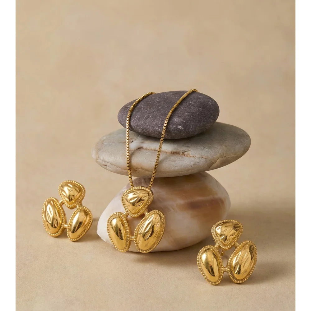 Conjunto de Colar e Brincos de Aço Inoxidável Yhpup com Pingente de Metal, Banhado a PVD 16K, Joias Elegantes, Únicas e Distintivas, à Prova d'Água
