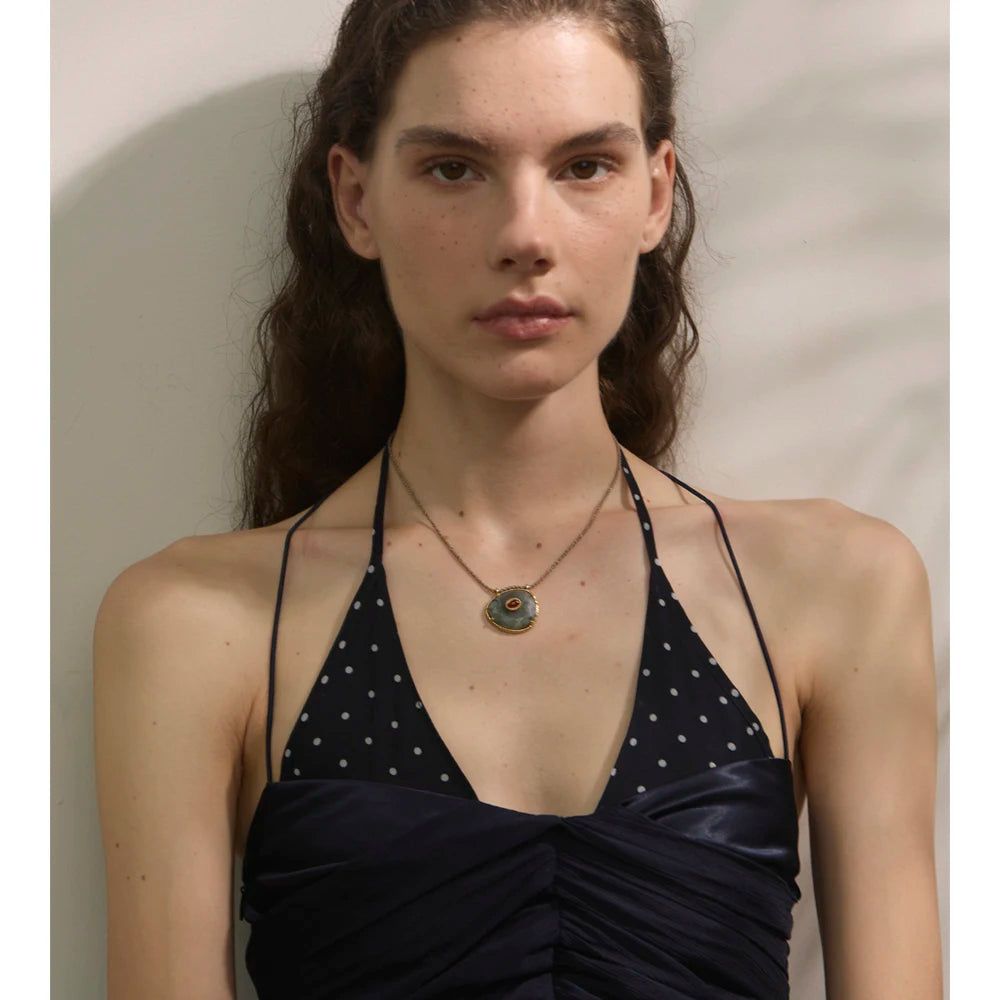 Yhpup natural espectrolita ágata pedra oval pingente colar para mulheres ouro aço inoxidável requintado moda jóias presente