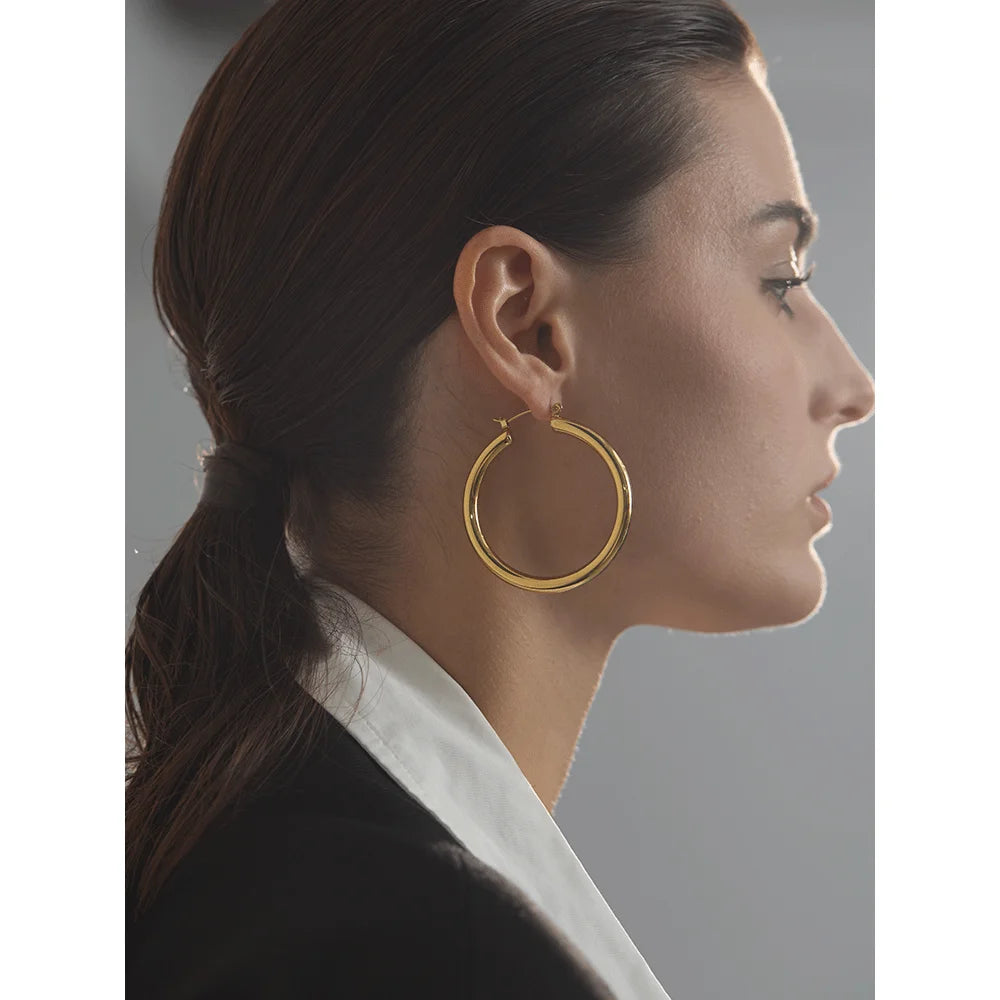 Yhpup minimalista grande elegante metal redondo oco hoop brincos anti alérgico 316l aço inoxidável na moda simples orelha jóias