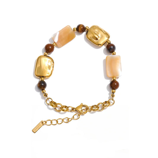 Pulseira Artesanal de Aço Inoxidável Yhpup com Concha Natural e Pedra Olho de Tigre – Joia Exquisita e Charmosa Feita à Mão