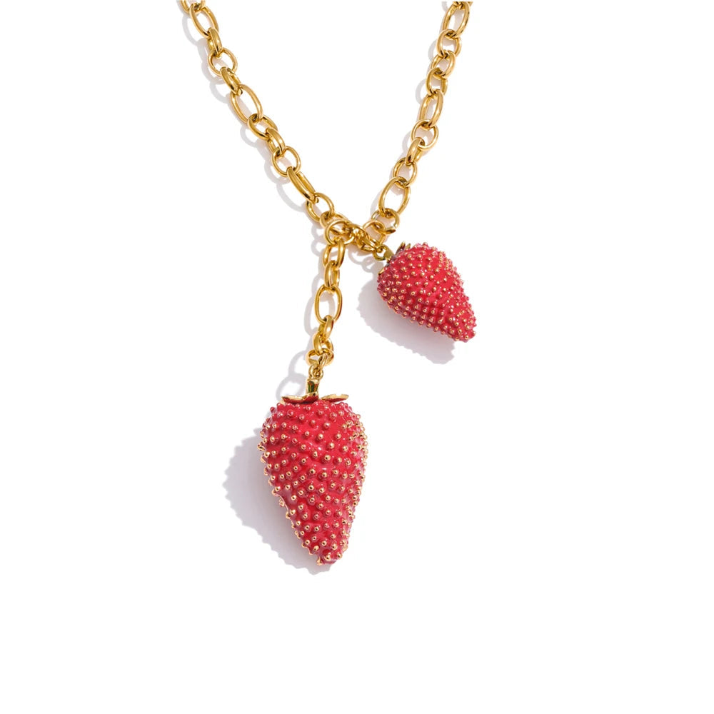Yhpup à prova dwaterproof água doce vermelho lovey morango encantos pingente colar para mulheres de aço inoxidável recém chegados tendência jóias 2025