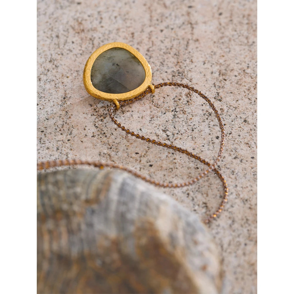 Yhpup natural espectrolita ágata pedra oval pingente colar para mulheres ouro aço inoxidável requintado moda jóias presente