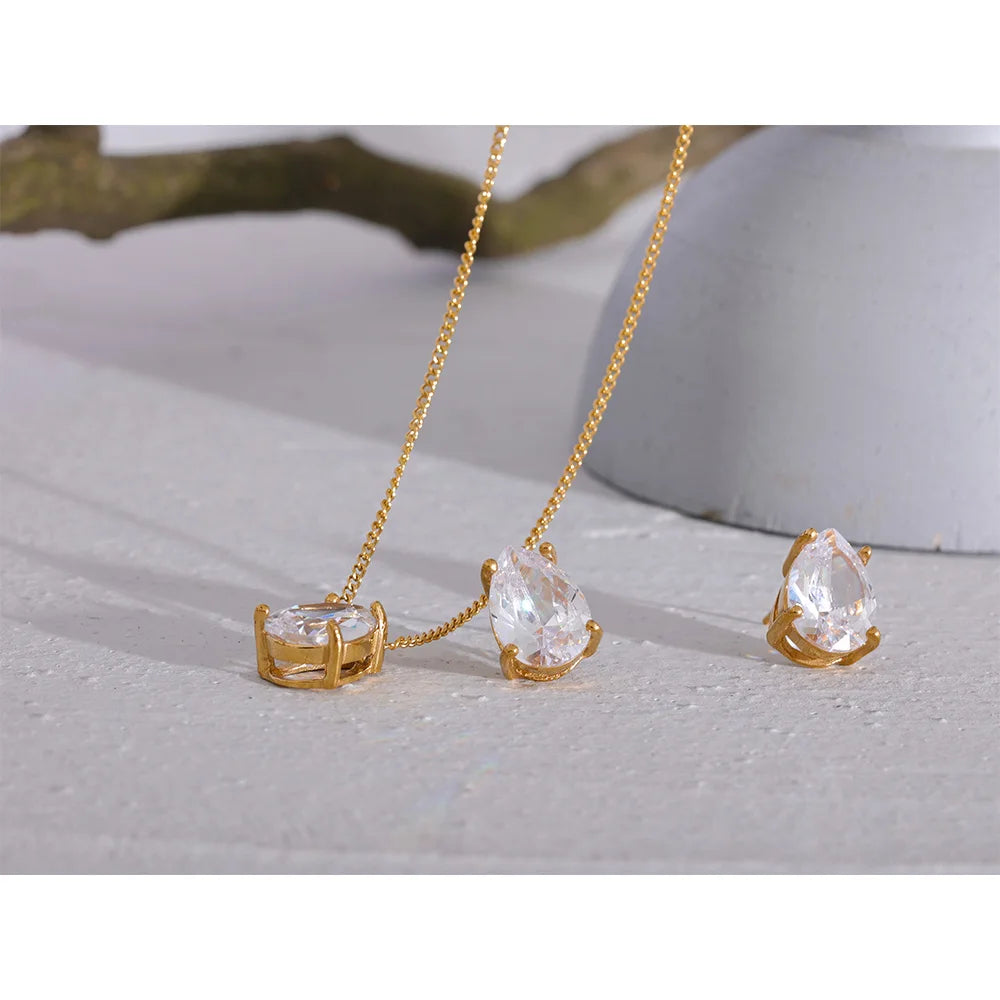Yhpup delicado brilhante zircônia cúbica aço inoxidável gota de água pingente colar brincos à prova dwaterproof água jóias chique festa presente