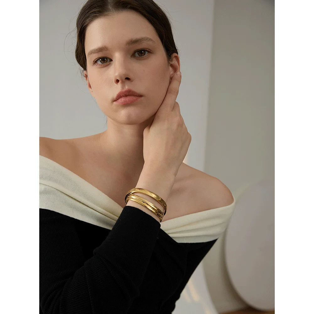 Yhpup 60mm à prova dwaterproof água 316l aço inoxidável redondo suave pulseira feminina minimalista 18k cor de ouro textura charme jóias