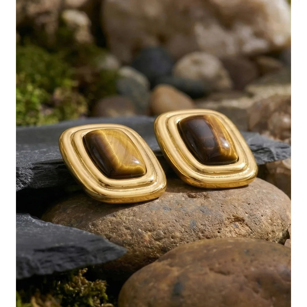 Brincos de Aço Inoxidável Yhpup com Pedra Tigre Quadrada, à Prova d'Água, Joia de Pedra Natural de Alta Qualidade com Tecnologia de Fundição