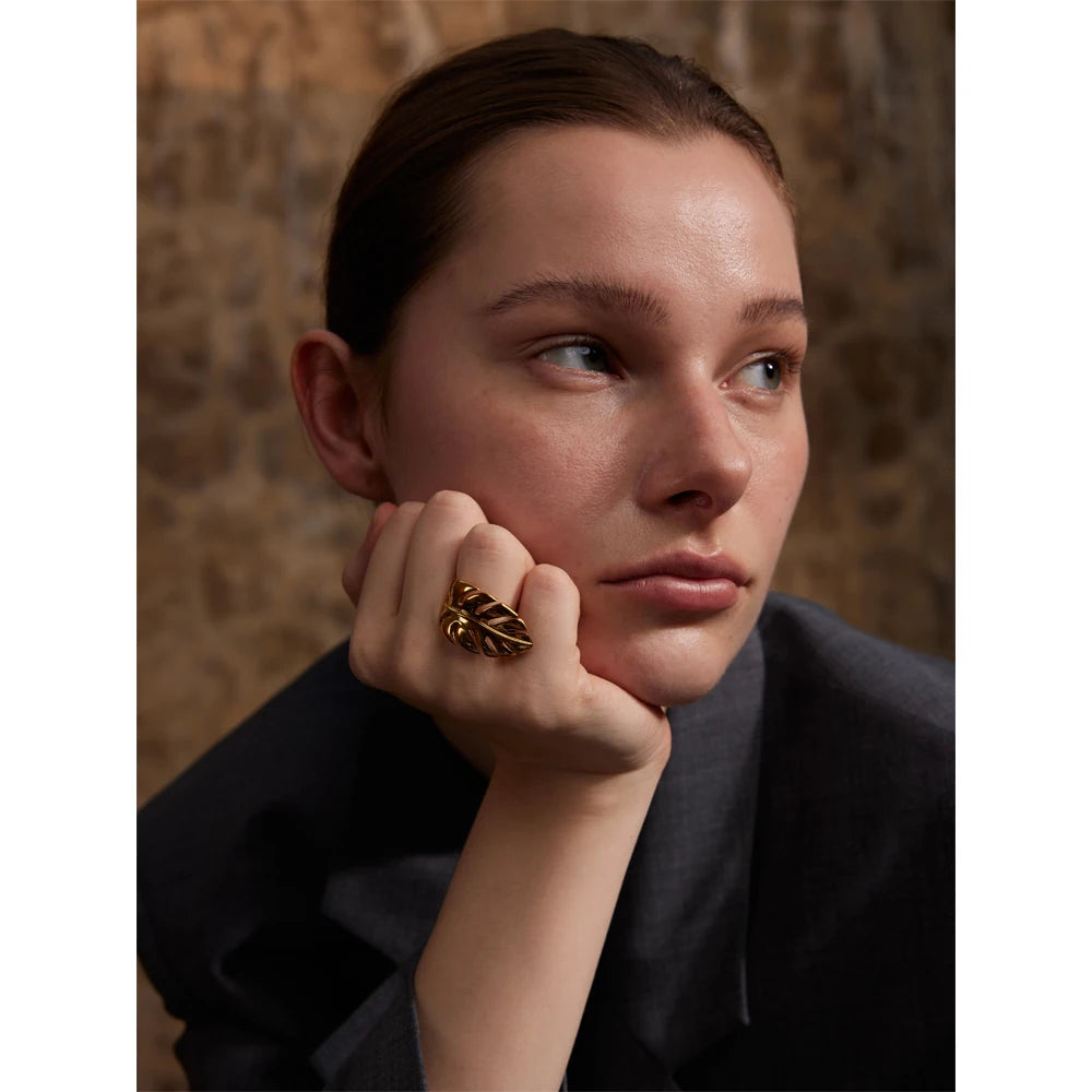 Yhpup design elegante de aço inoxidável folha de metal folhas anel aberto à prova de ferrugem individualista moda jóias presente resistente à água