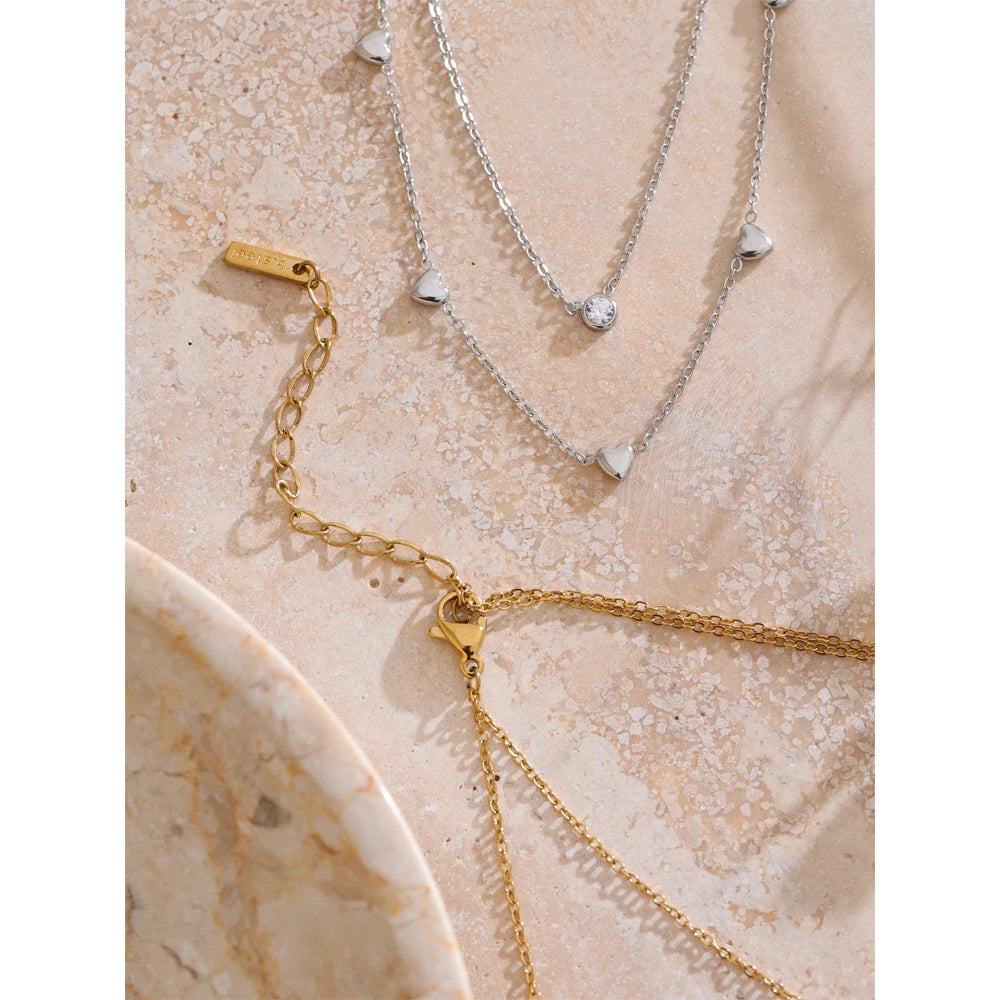 Yhpup coreano dupla camada zircônia coração chique corrente colar de verão requintado colar em camadas de aço inoxidável jóias para mulher