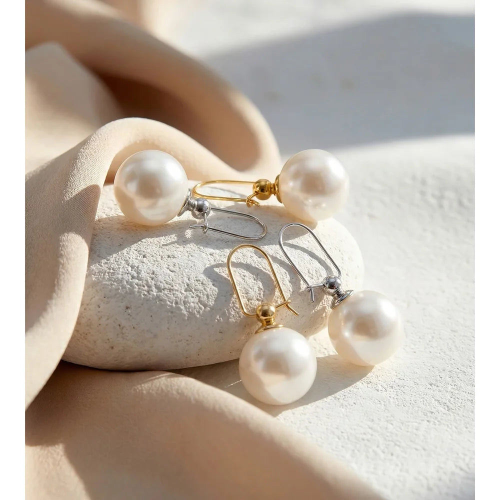 Brincos Redondos de Pérolas Simuladas Coreanas em Aço Inoxidável Yhpup para Mulheres, Cor Ouro Platina, Revestimento PVD, Joias Diárias Populares e Elegantes