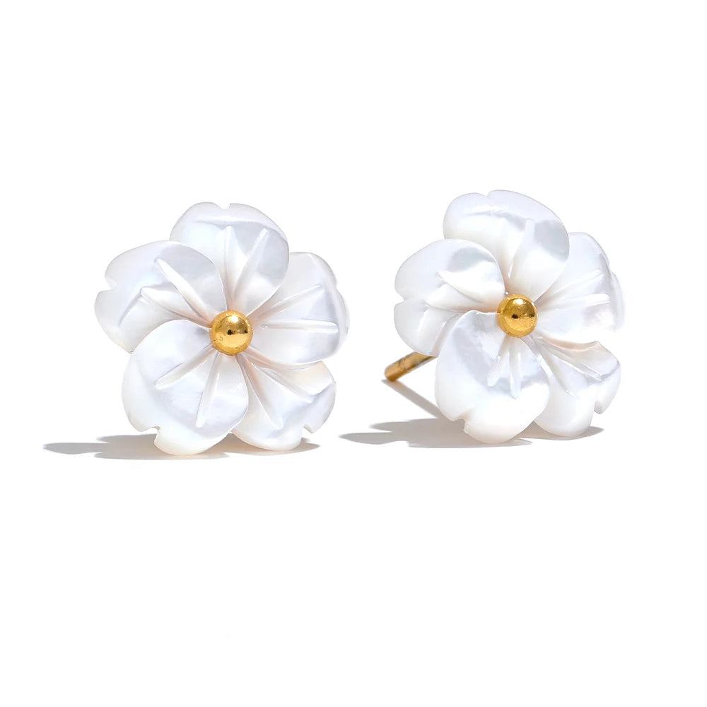 Yhpup flor de concha natural requintado diário brincos para mulheres moda aço inoxidável doce romântico coreano jóias premium