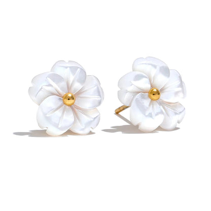 Yhpup flor de concha natural requintado diário brincos para mulheres moda aço inoxidável doce romântico coreano jóias premium