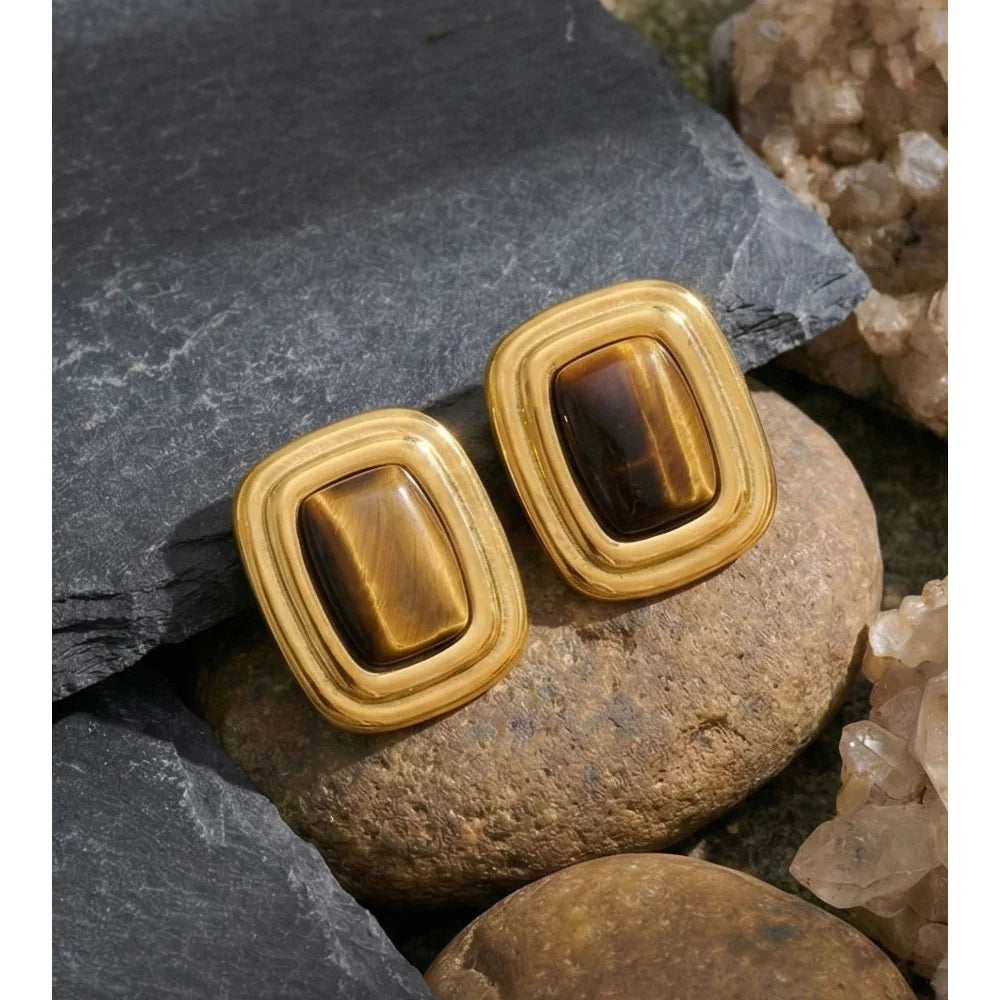 Brincos de Aço Inoxidável Yhpup com Pedra Tigre Quadrada, à Prova d'Água, Joia de Pedra Natural de Alta Qualidade com Tecnologia de Fundição