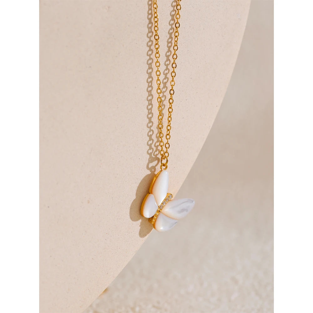 Yhpup requintado natural concha zircão borboleta pingente colar para mulheres de aço inoxidável estilo coreano delicado jóias presente