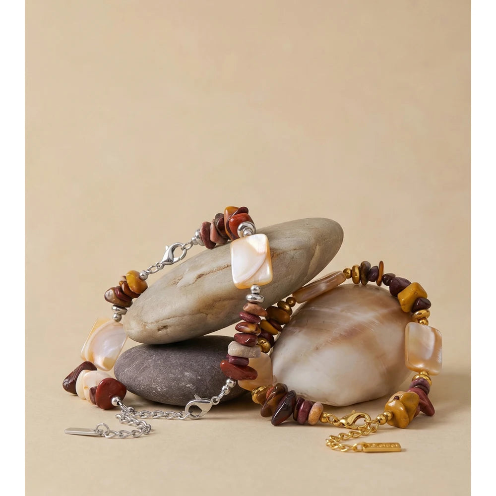 Pulseira de Corrente Yhpup em Aço Inoxidável com Pedra Natural e Concha, Joia de Pulso Artesanal com Contas, Moda Verão 2026, Presente à Prova d'Água