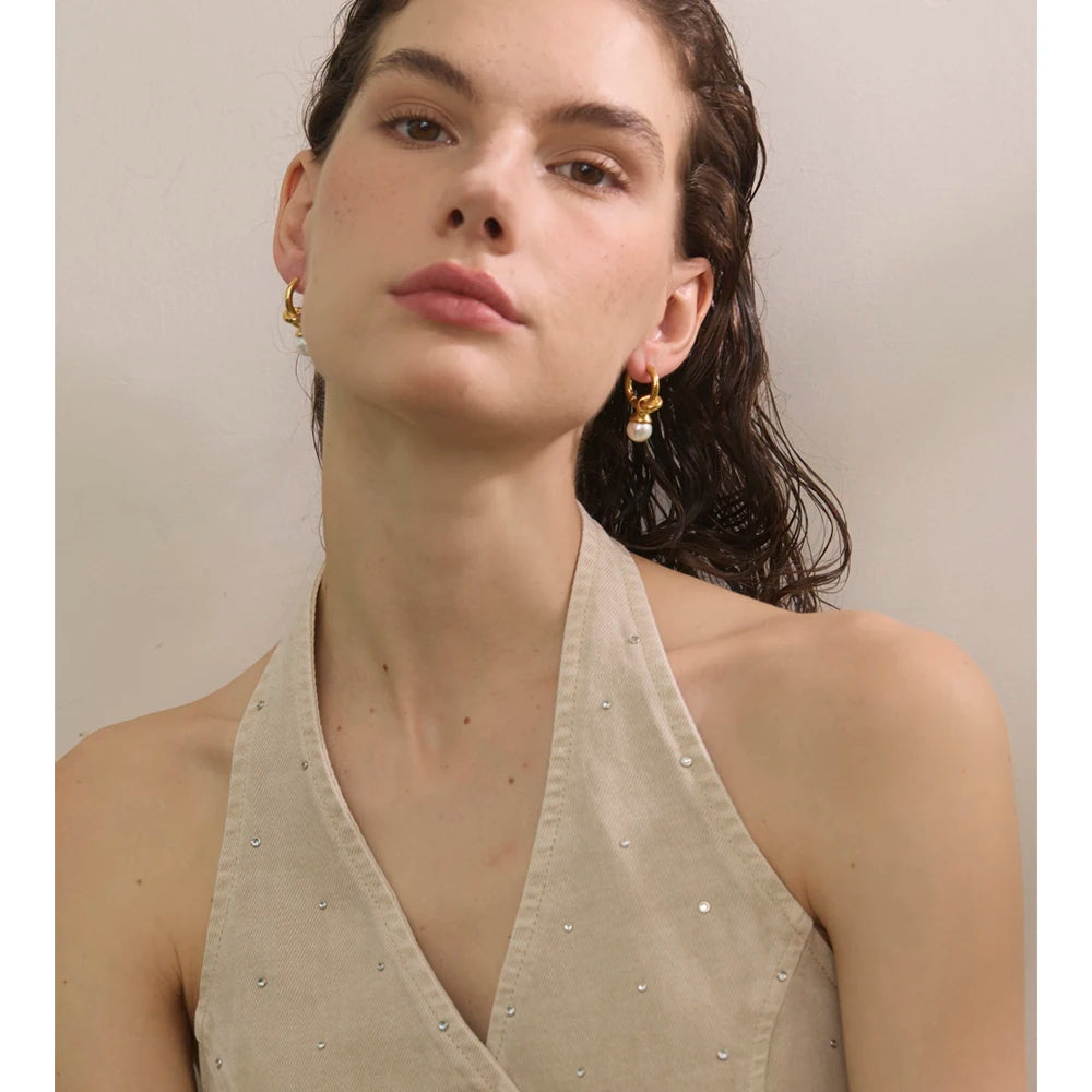 Yhpup clássico de aço inoxidável com pérolas simuladas, brincos de argola geométricos para todas as ocasiões, chique, versátil, joias douradas diárias