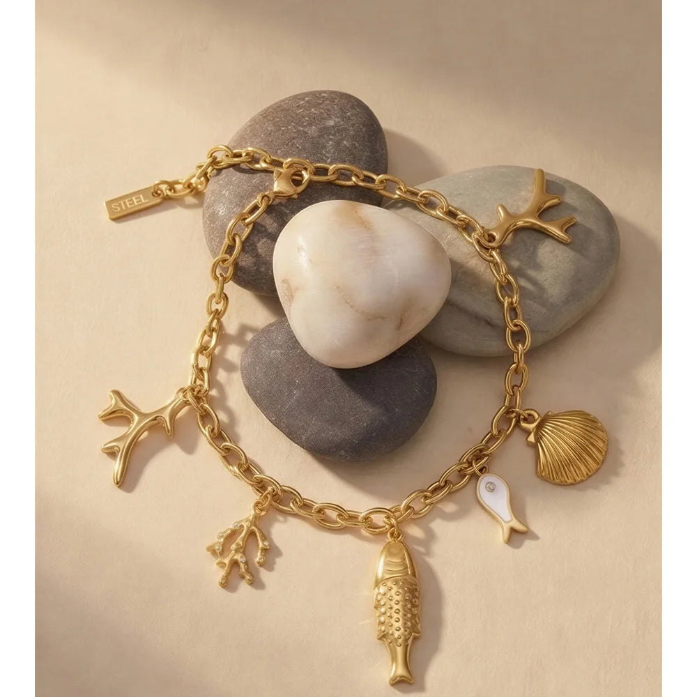 Pulseira Yhpup Estilo Oceano com Corrente de Aço Inoxidável e Pingente de Concha, Banhada a Ouro 16K PVD, à Prova d'Água, Joia da Moda de Verão