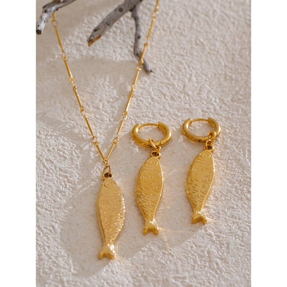 Yhpup atacado oceano aço inoxidável metal peixe pingente colar brincos à prova de ferrugem dourado pvd banhado na moda jóias