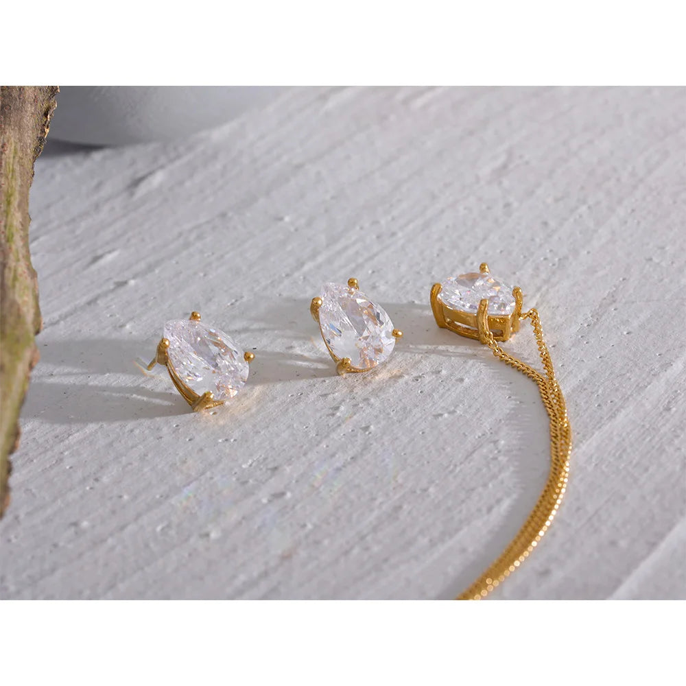 Yhpup delicado brilhante zircônia cúbica aço inoxidável gota de água pingente colar brincos à prova dwaterproof água jóias chique festa presente