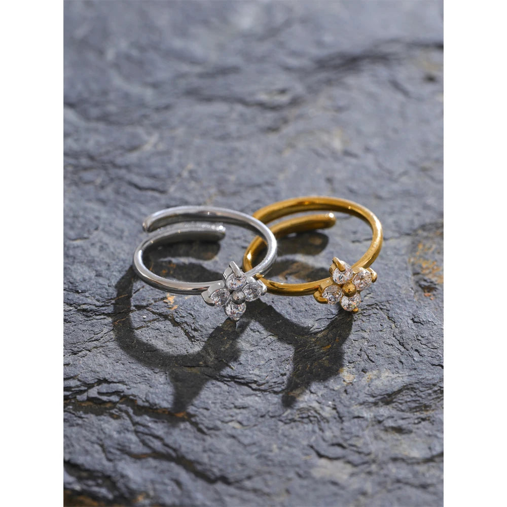 Yhpup requintado aço inoxidável bling zircônia cúbica flor anel ajustável para mulheres moda brilhante dedo jóias novo