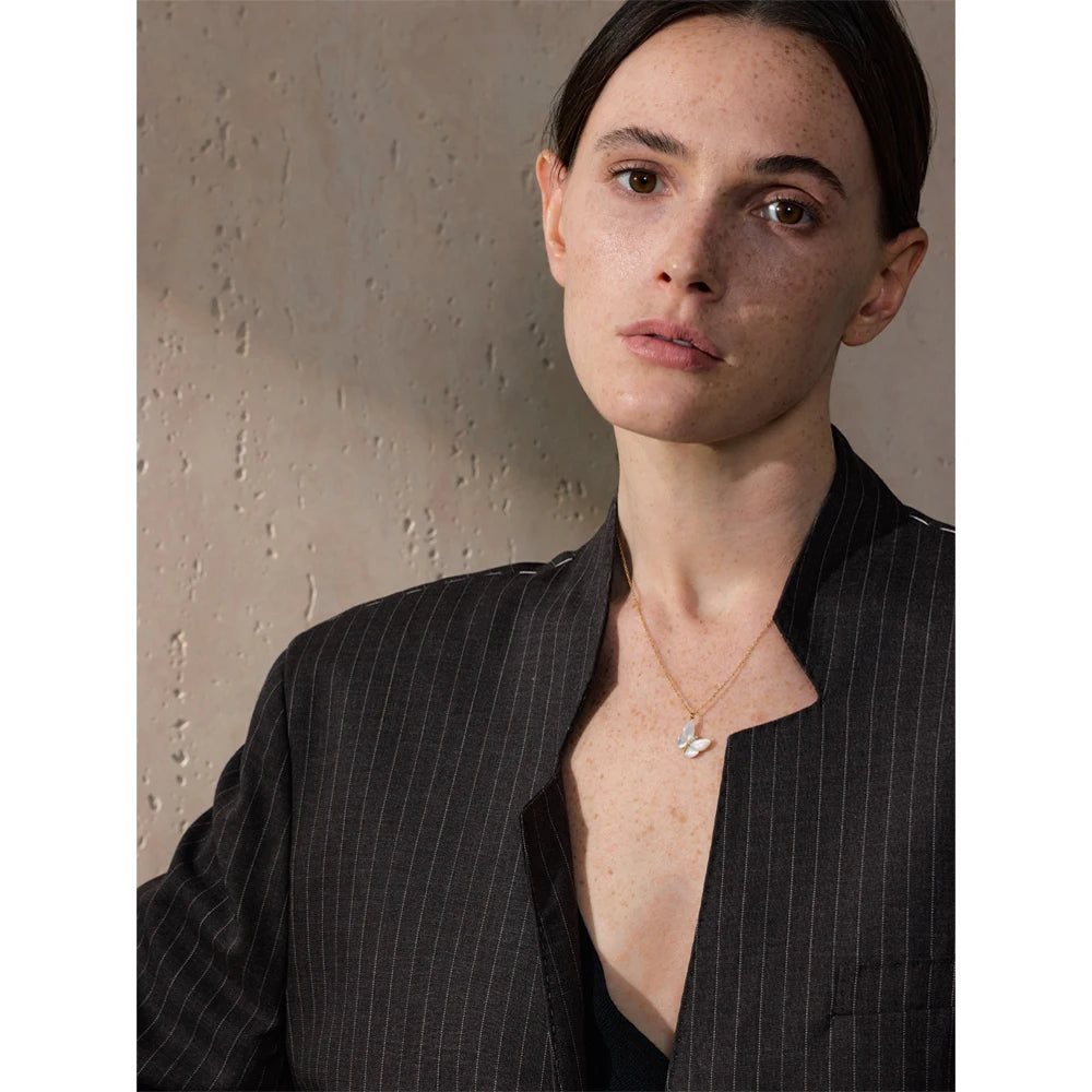 Yhpup requintado natural concha zircão borboleta pingente colar para mulheres de aço inoxidável estilo coreano delicado jóias presente