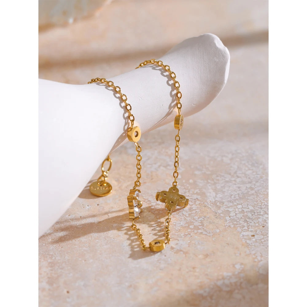 Yhpup delicado zircônia cúbica flor corrente fina pulseira de aço inoxidável à prova de ferrugem escritório senhoras chique jóias novo presente