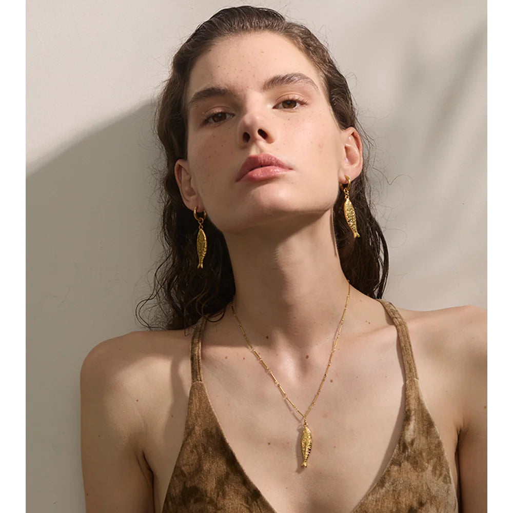 Yhpup atacado oceano aço inoxidável metal peixe pingente colar brincos à prova de ferrugem dourado pvd banhado na moda jóias