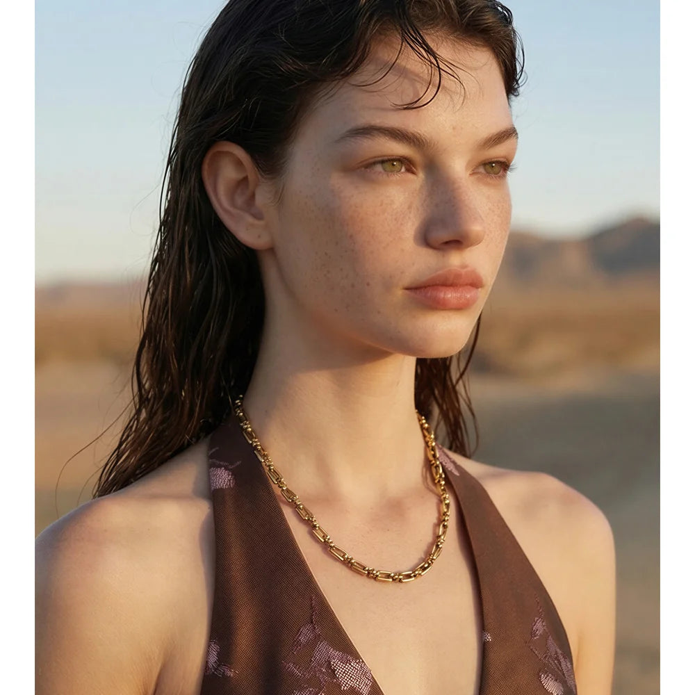Colar de Corrente de Aço Inoxidável Yhpup para Mulheres, Joia de Moda com Textura Personalizada, Tendência de Verão, à Prova d'Água PVD