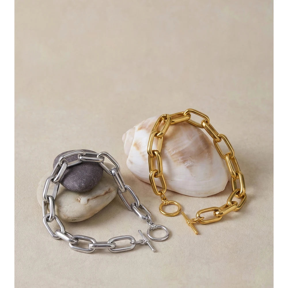 Pulseira de Corrente de Aço Inoxidável Yhpup, Resistente a Manchas, Textura Metálica, Fecho de Tarraxa, Joia de Pulso Individualista