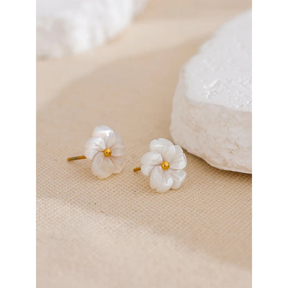 Yhpup flor de concha natural requintado diário brincos para mulheres moda aço inoxidável doce romântico coreano jóias premium