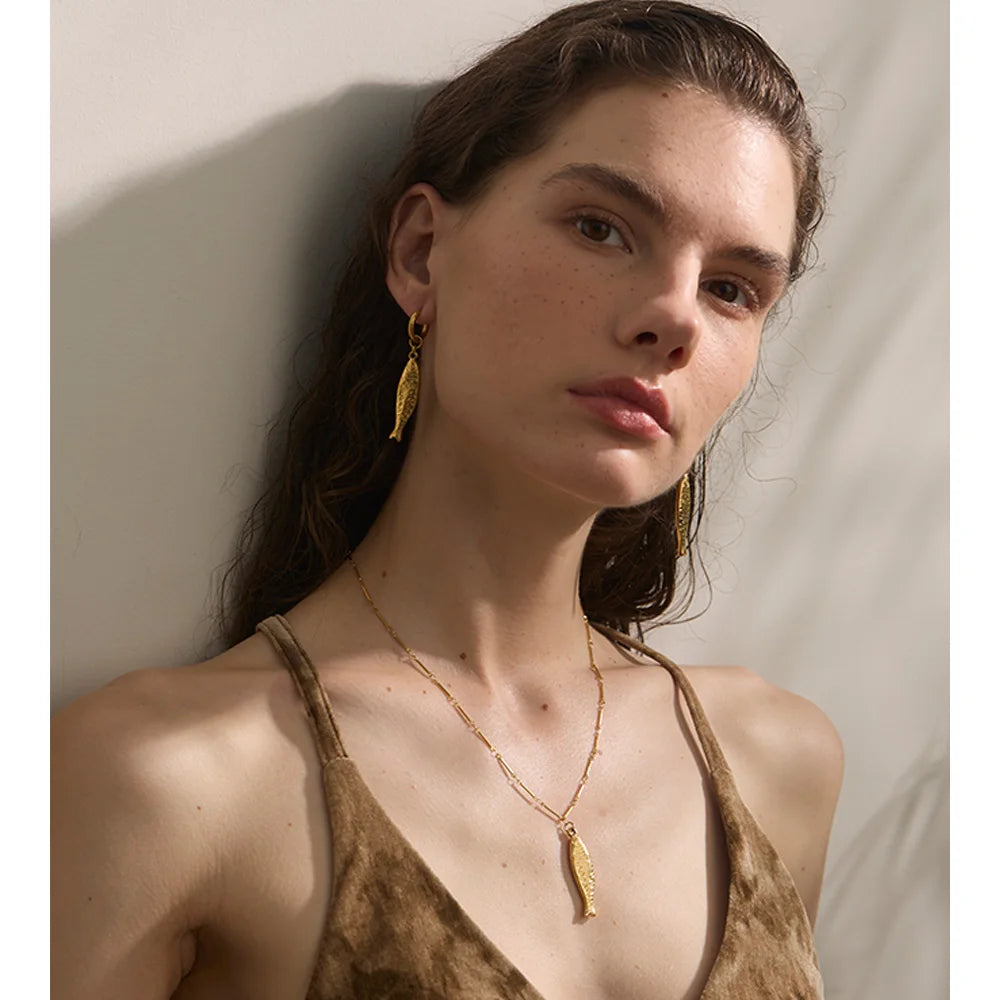 Yhpup atacado oceano aço inoxidável metal peixe pingente colar brincos à prova de ferrugem dourado pvd banhado na moda jóias