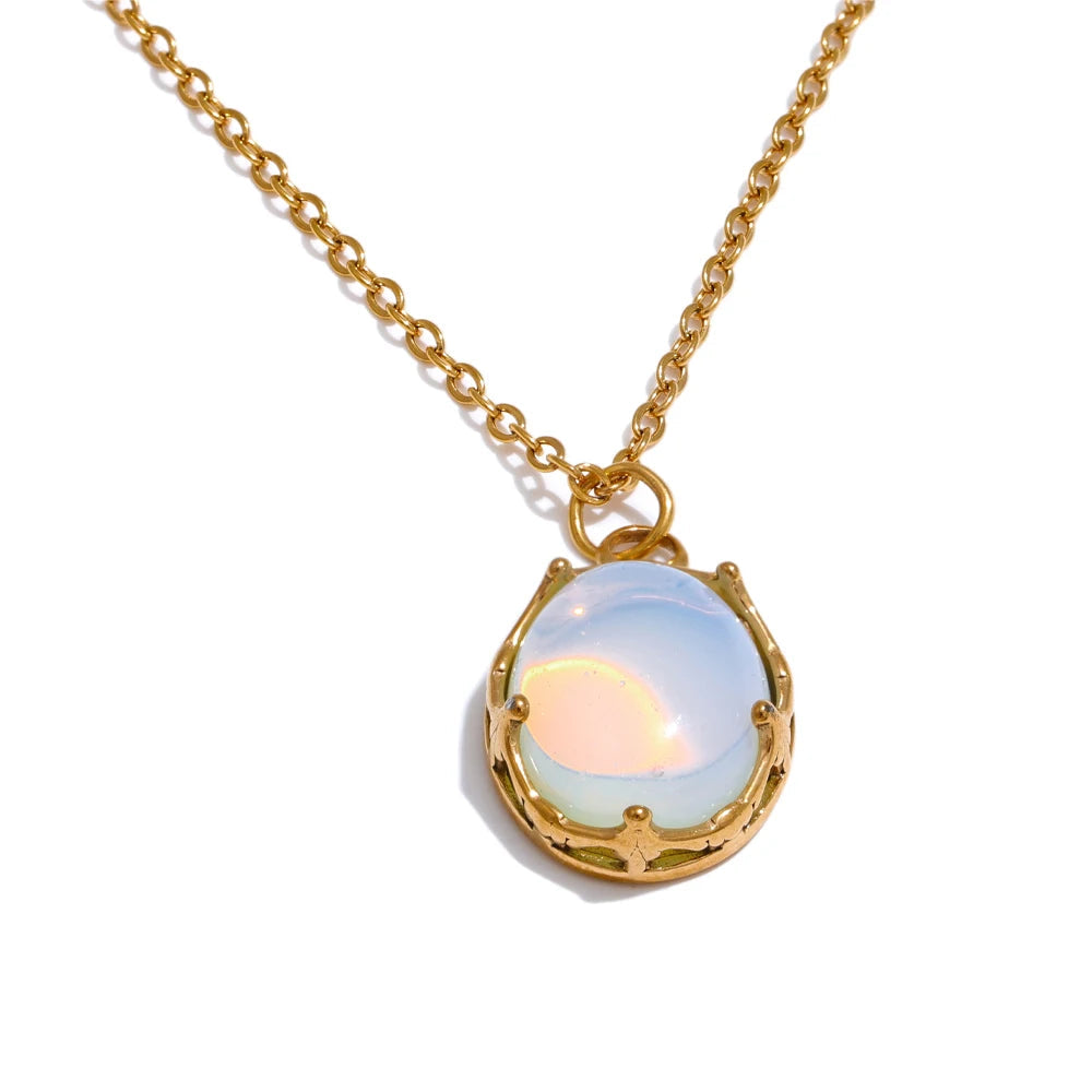 Yhpup pingente de pedra de opala natural, colar fashion para mulheres, aço inoxidável, joias populares de alta qualidade, presente à prova d'água
