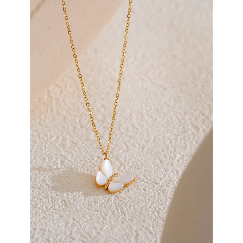 Yhpup requintado natural concha zircão borboleta pingente colar para mulheres de aço inoxidável estilo coreano delicado jóias presente