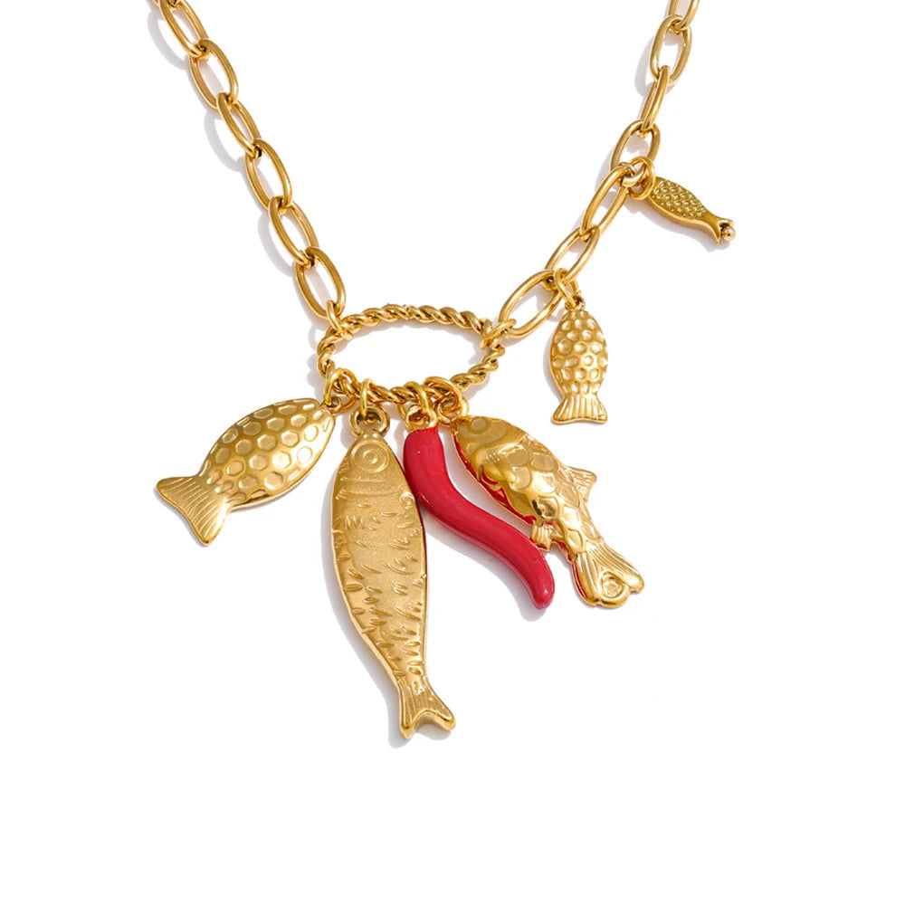 Yhpup 2025 colar com pingente de pimenta de peixe de aço inoxidável para mulheres venda quente 18K banhado a ouro elegante exclusivo estilo oceano joias