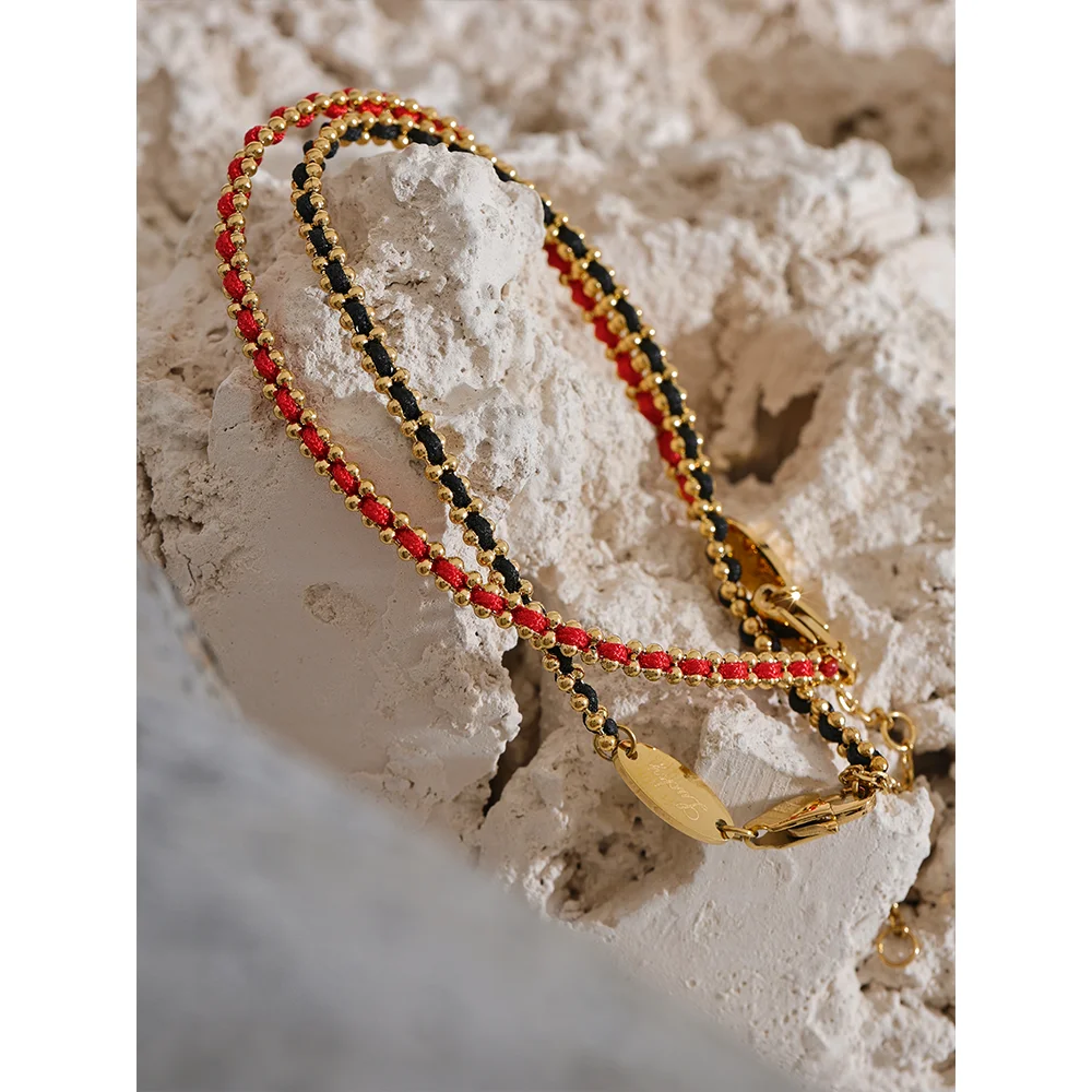 Yhpup requintado preto vermelho poliéster fio artesanal corrente chique pulseira fina pulseira de aço inoxidável coreano delicado jóias presente