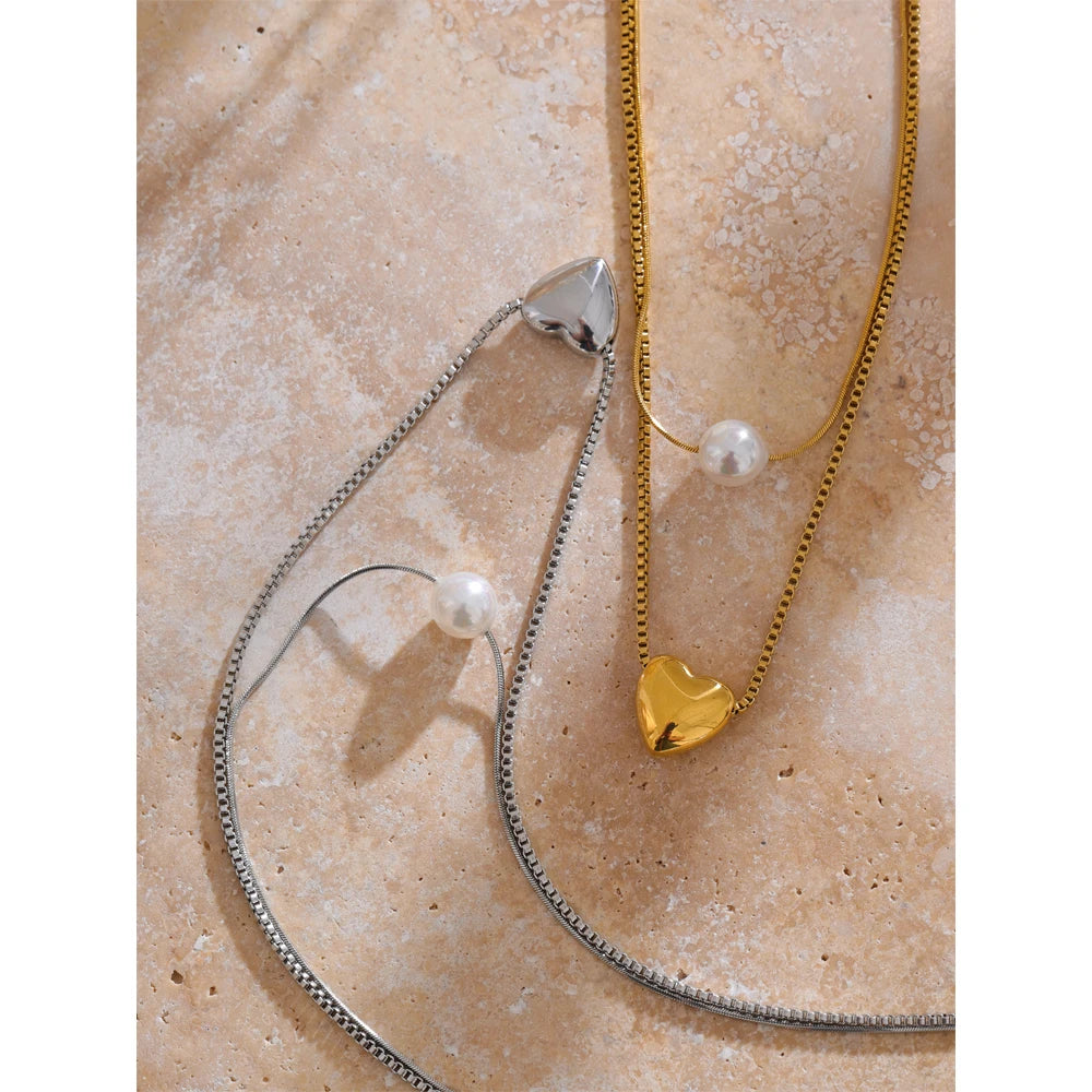 Yhpup moda aço inoxidável dupla camada corrente coração imitação pérola pingente empilhamento colar para mulheres jóias à prova de ferrugem