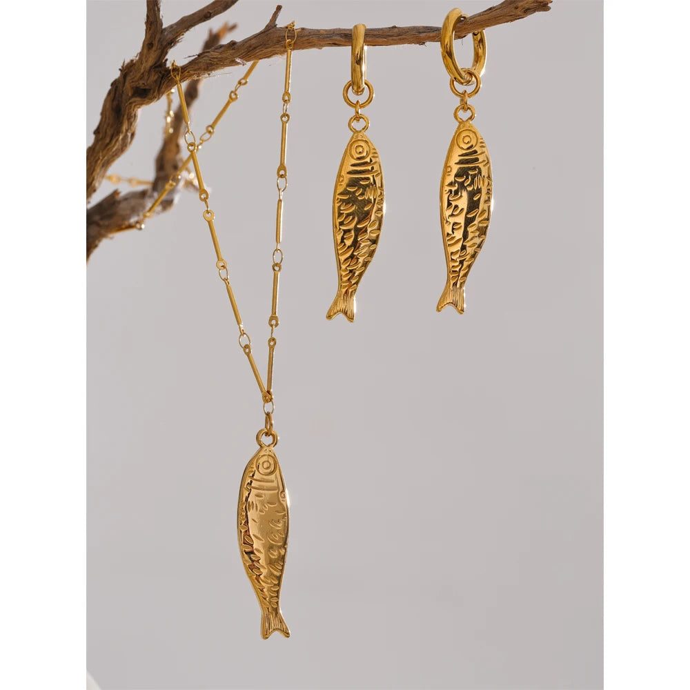 Yhpup atacado oceano aço inoxidável metal peixe pingente colar brincos à prova de ferrugem dourado pvd banhado na moda jóias
