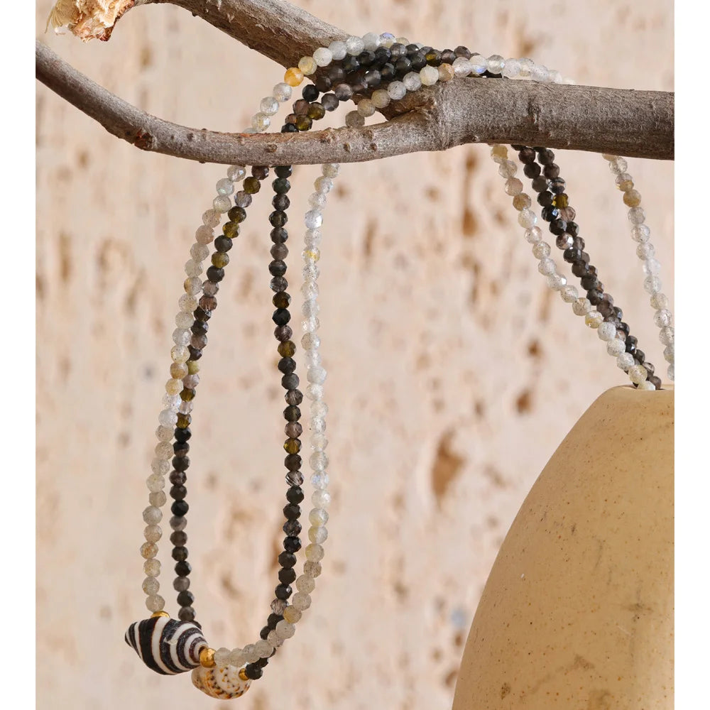 Colar de Concha em Aço Inoxidável Yhpup, Acessórios Feitos à Mão, Corrente de Pérolas de Cristal Branco e Cinza, Colar de Verão, Joias Mais Baratas
