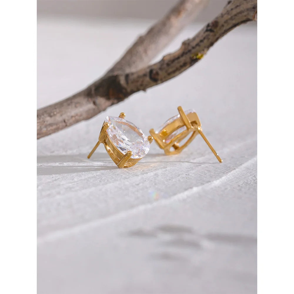 Yhpup delicado brilhante zircônia cúbica aço inoxidável gota de água pingente colar brincos à prova dwaterproof água jóias chique festa presente