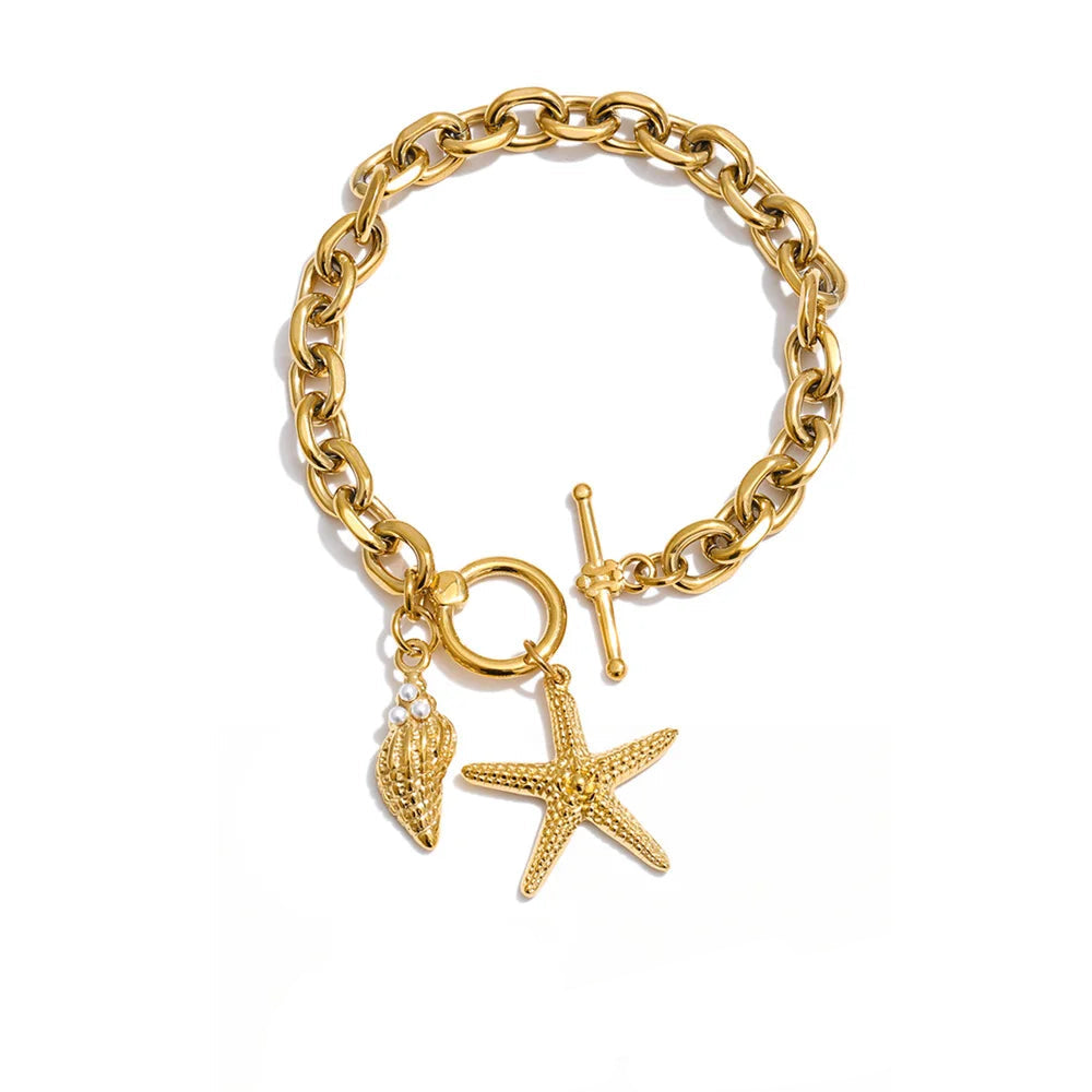 Pulseira de Aço Inoxidável Yhpup com Pingentes de Estrela-do-mar e Concha, Fecho T, Estilo Oceano, Lançamento de Verão, Joia para Férias