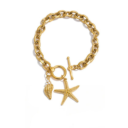 Pulseira de Aço Inoxidável Yhpup com Pingentes de Estrela-do-mar e Concha, Fecho T, Estilo Oceano, Lançamento de Verão, Joia para Férias