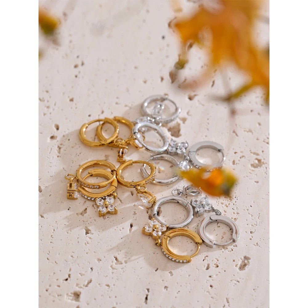 Yhpup delicado zircônia cúbica coração gota de água flor brincos de argola de aço inoxidável premium joias diárias 2025