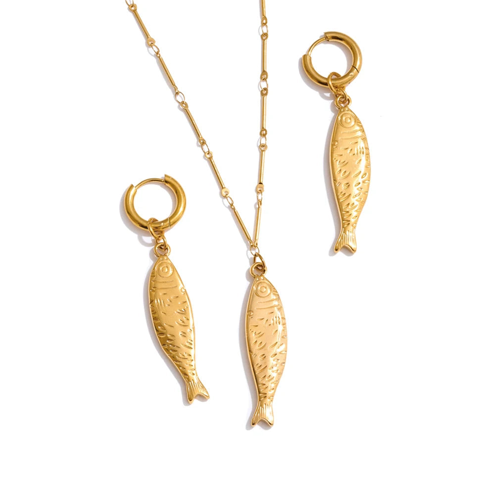 Yhpup atacado oceano aço inoxidável metal peixe pingente colar brincos à prova de ferrugem dourado pvd banhado na moda jóias