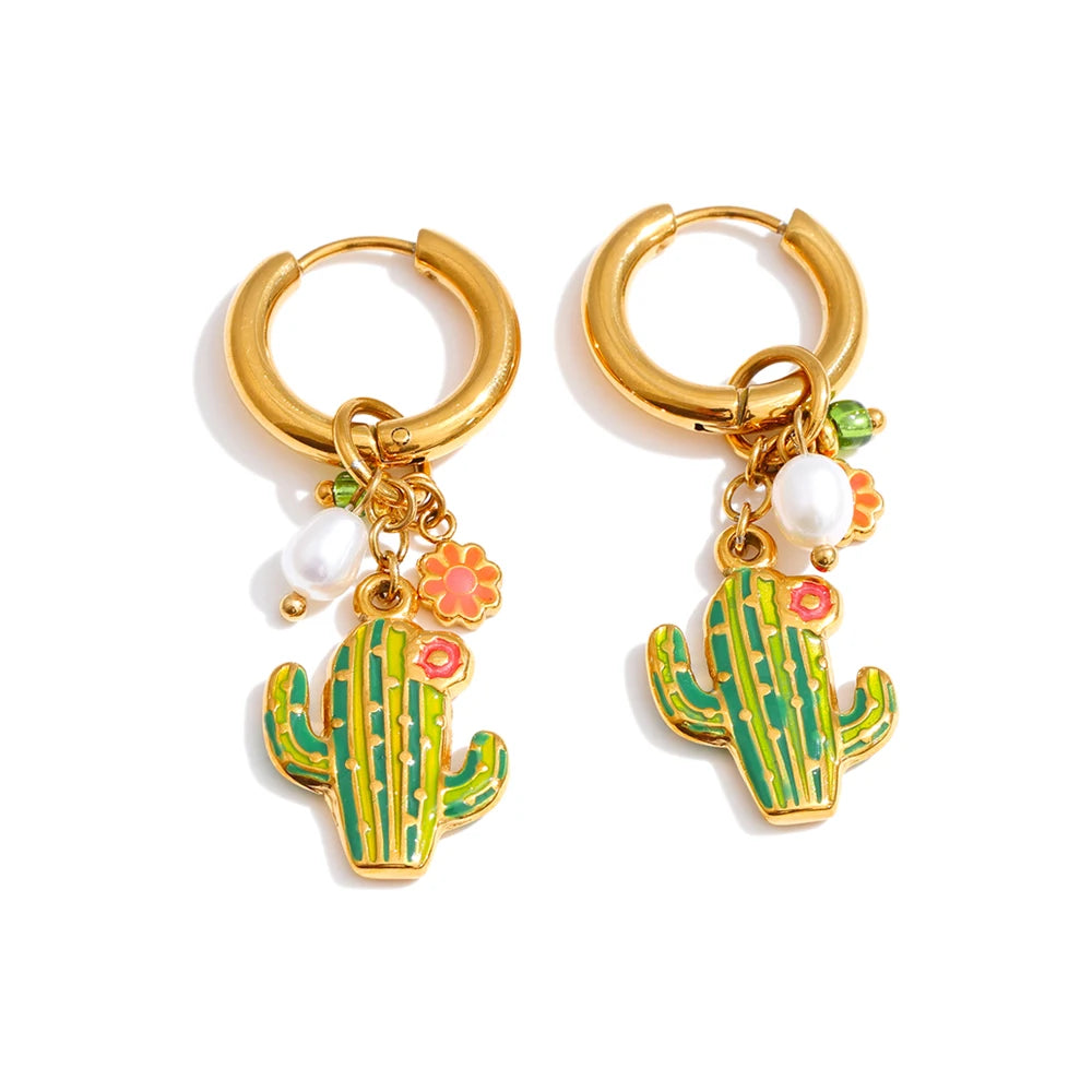 Brincos de Argola Exclusivos Zalzani com Pérola Natural e Cacto