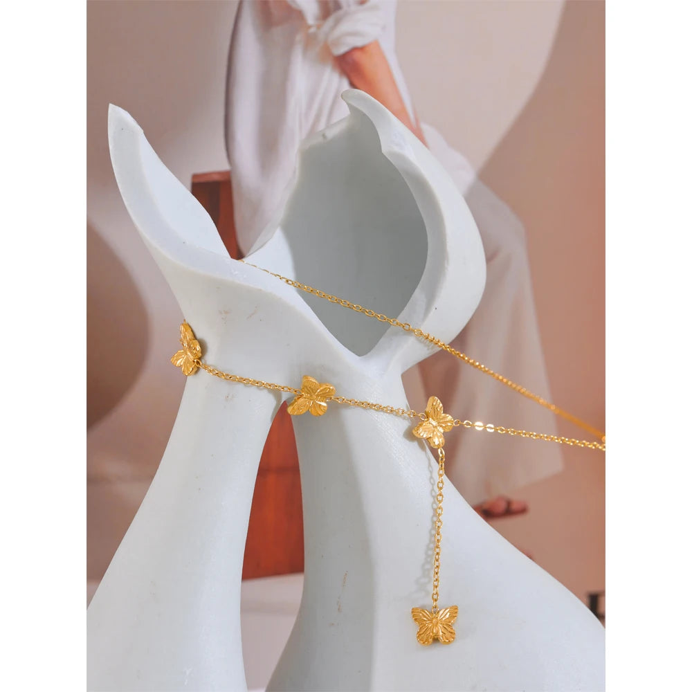 Yhpup estilo popular de aço inoxidável borboleta corrente pingente colar colar 18k banhado a ouro à prova dwaterproof água moda jóias