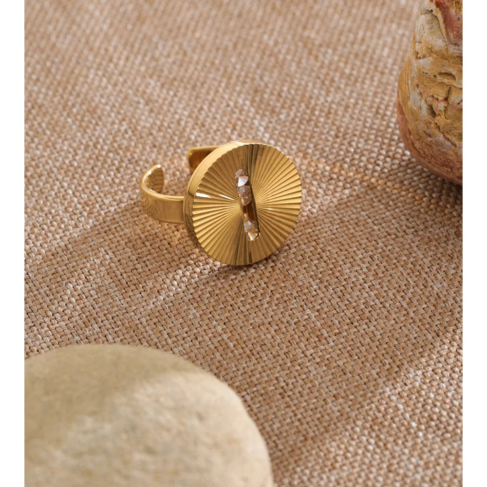 Anel Aberto de Aço Inoxidável Yhpup Fashion com Zircônia Cúbica Deslizante e Revestimento Dourado PVD – Joia para Dedo