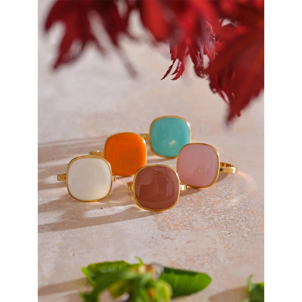 Yhpup chegadas doces doce quadrado anel ajustável 18k dourado pvd banhado a aço inoxidável verão popular charme jóias presente