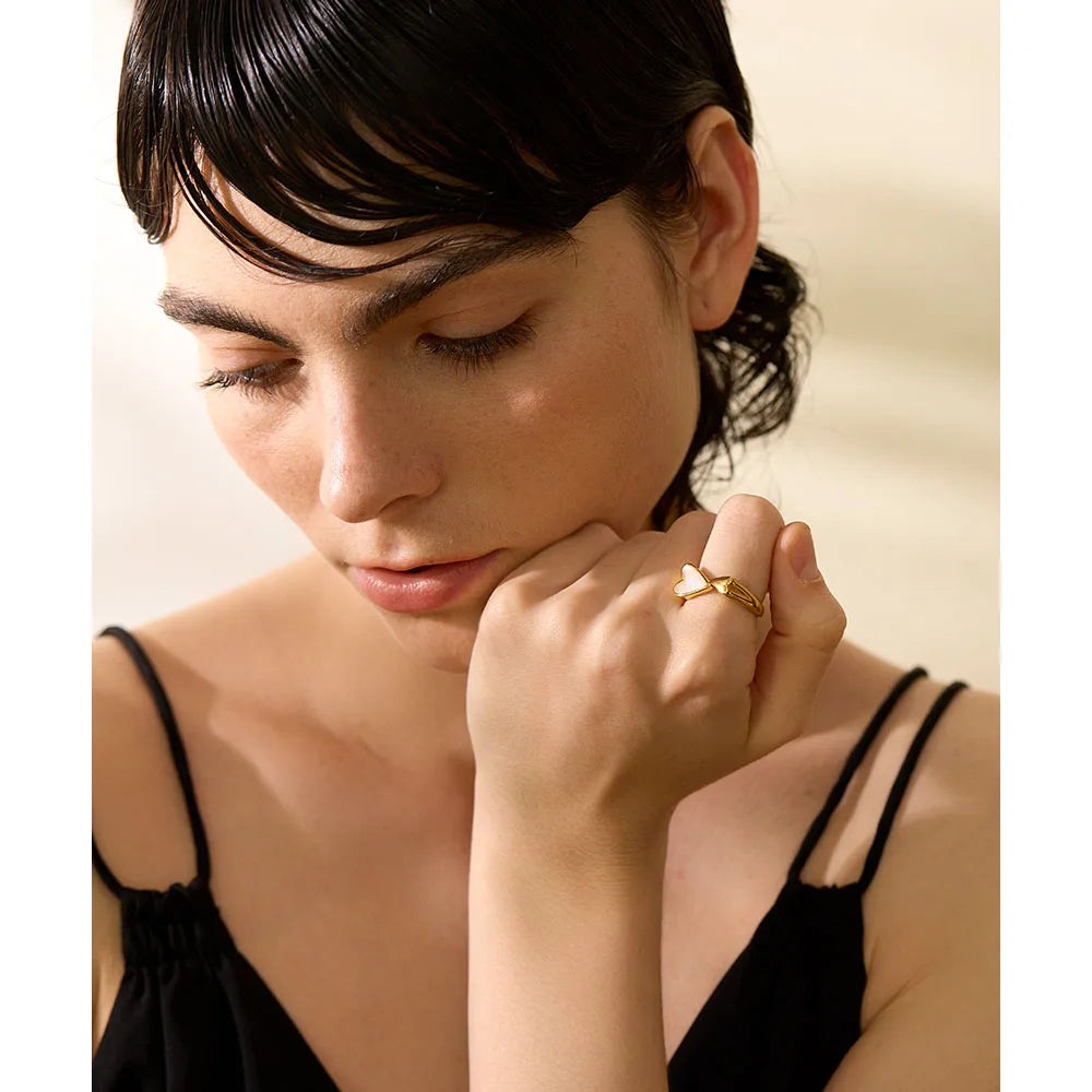 Yhpup concha acrílico coração aço inoxidável elegante anel para mulheres encantos textura de metal à prova dwaterproof água jóias douradas presente de gala