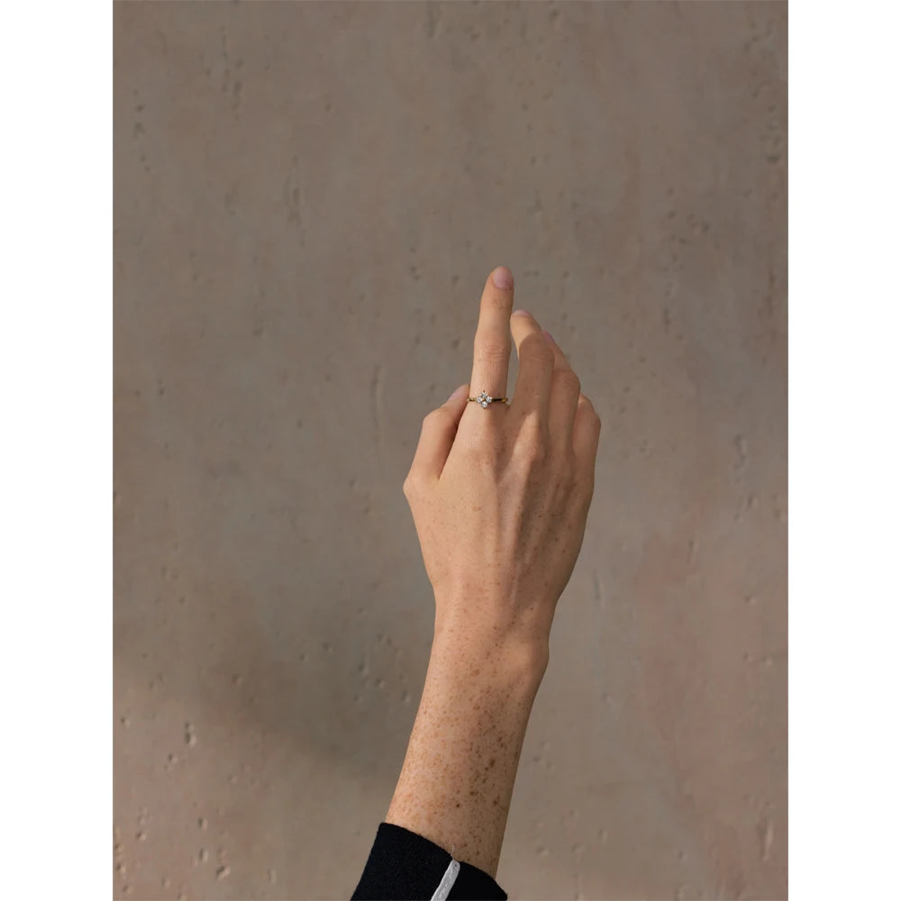 Yhpup requintado aço inoxidável bling zircônia cúbica flor anel ajustável para mulheres moda brilhante dedo jóias novo