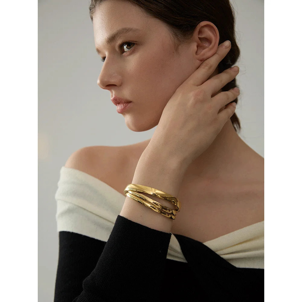 Yhpup 60mm à prova dwaterproof água 316l aço inoxidável redondo suave pulseira feminina minimalista 18k cor de ouro textura charme jóias